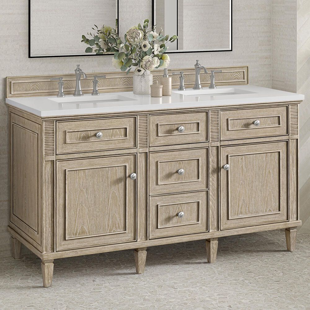 James Martin Vanities Lorelai 60&quot; Double Vanity in Whitewashed Oak with 3 cm White Zeus Quartz Top, , large