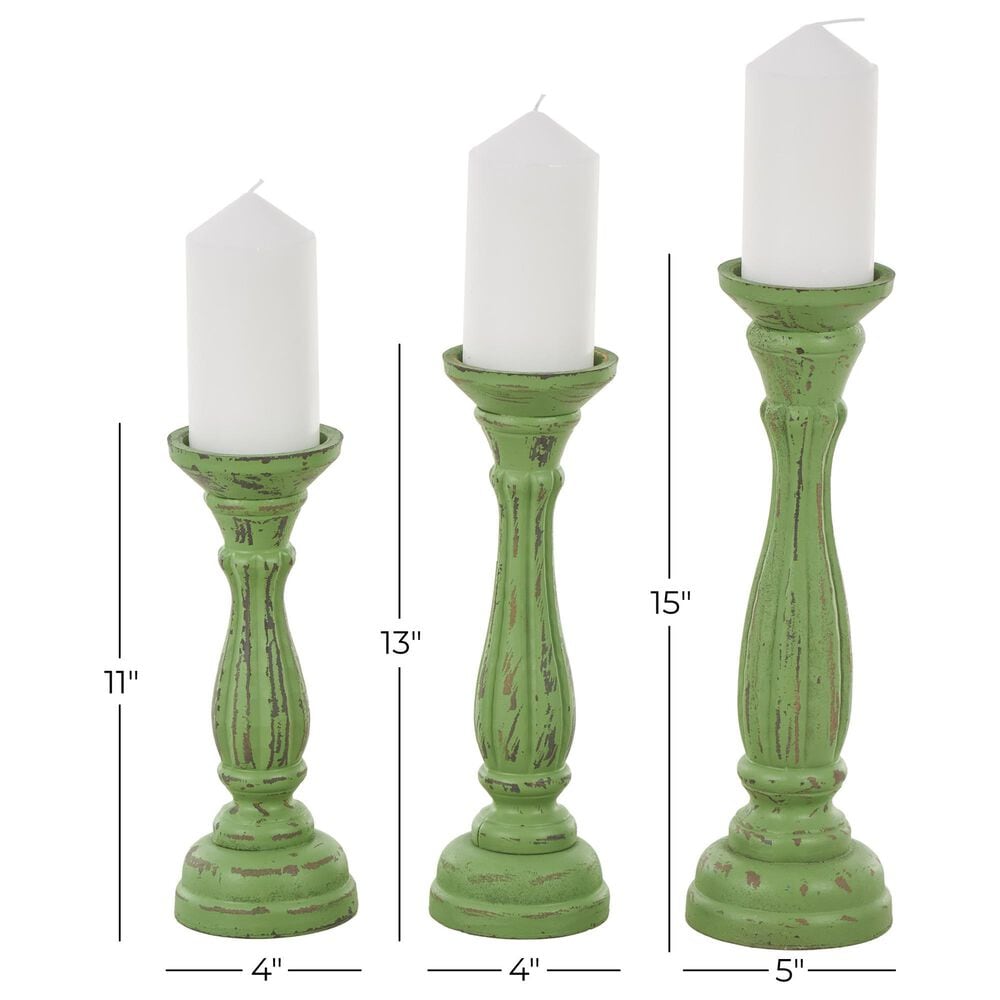 Maple and Jade Turned Pillar Decorative Candle Holder in Distressed Green and Brown &#40;Set of 3&#41;, , large