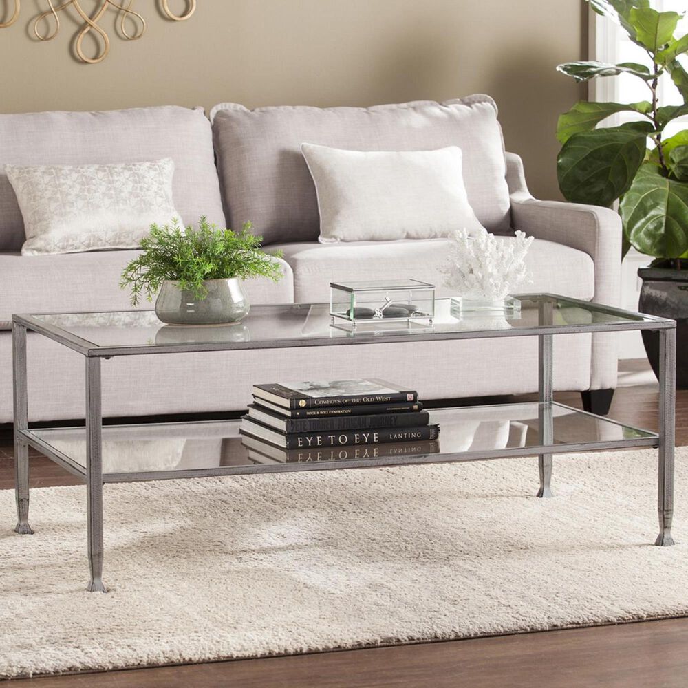 Southern Enterprises Jaymes Open Shelf Coffee Table in Distressed Silver and Black, , large