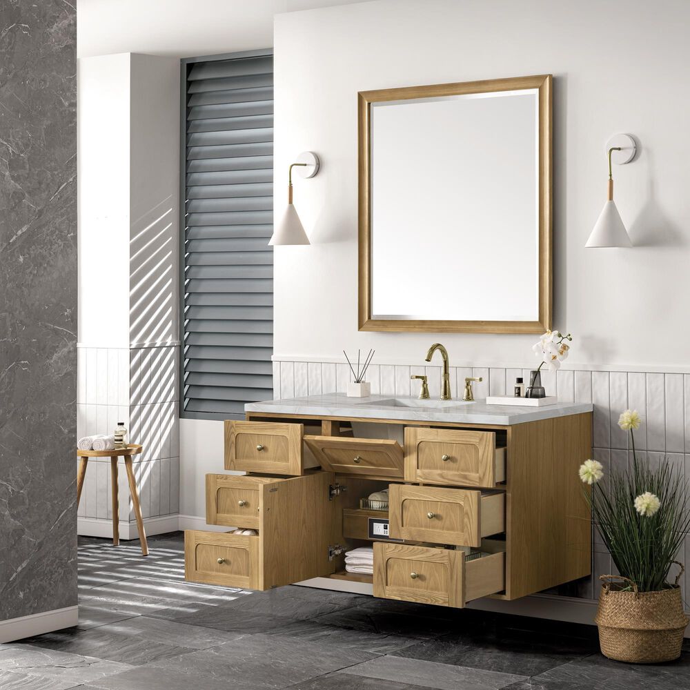 James Martin Vanities Laurent 48" Single Bathroom Vanity in Light Natural Oak with 3 cm Eternal Jasmine Pearl Silestone Top, Rectangular Sink and FreePower Wireless Charger, , large