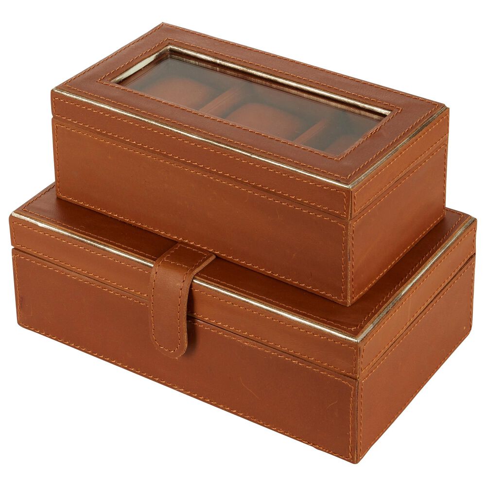 Maple and Jade Traditional Leather Boxes in Brown (Set of 2), , large