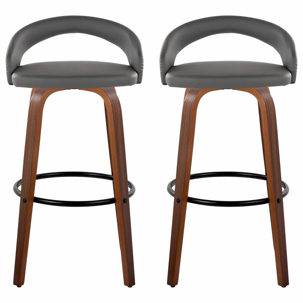 LumiSource Grotto Swivel Bar Stool with Grey Faux Leather Upholstery in Walnut Wood and Black (Set of 2), , large