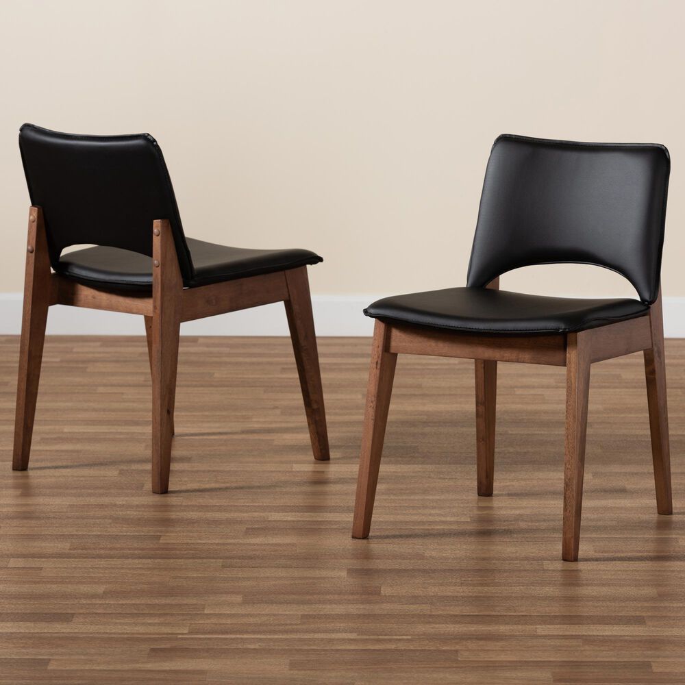 Baxton Studio Afton Side Chair with Black Faux Leather in Walnut Brown (Set of 2), , large
