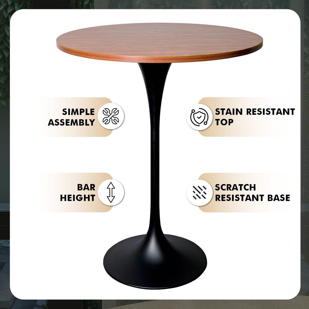 Leisuremod LeisureMod Verve Collection Modern Bar Height Table Black Base with 27 Round Cognac Brown MDF Top, , large
