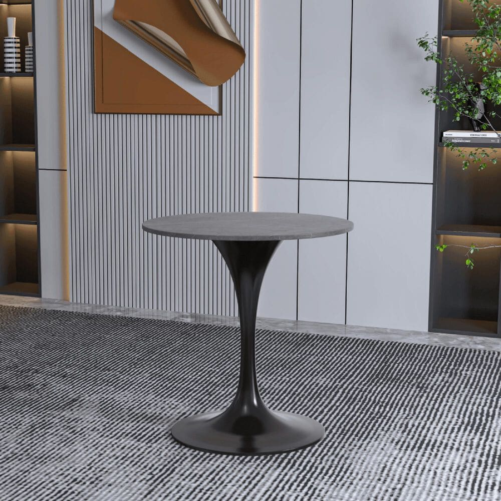 Leisuremod LeisureMod Verve Collection 27 Round Dining Table, Black Base with Sintered Stone Grey Top, , large