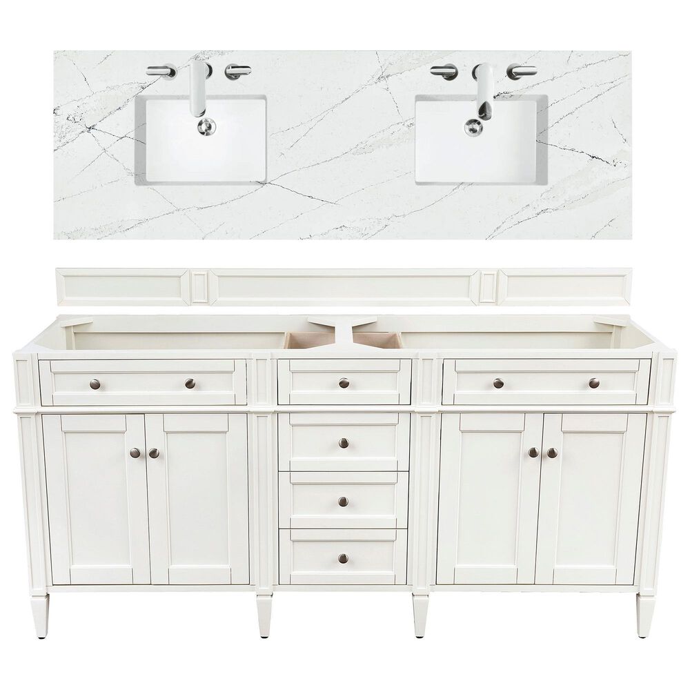 James Martin Vanities Brittany 72" Double Bathroom Vanity in Bright White with 3 cm Ethereal Noctis Quartz Top and Rectangle Sinks, , large