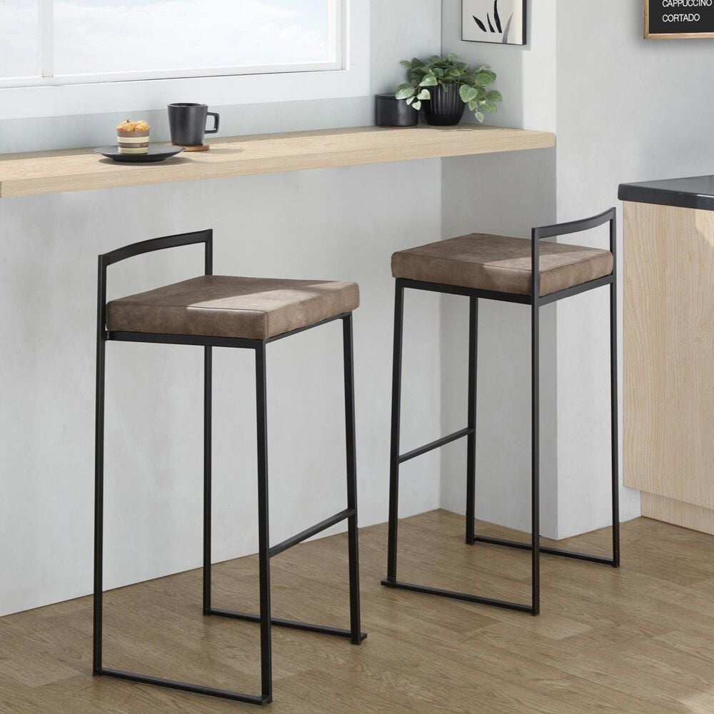 LumiSource Fuji 34" Stacker Bar Stool with Brown Cowboy Upholstery in Black (Set of 2), , large