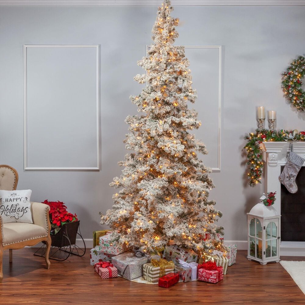 The Gerson Company 9&#39; Pre-Lit Artificial Heavy Flocked Layered Spruce with White Lights in Green, , large