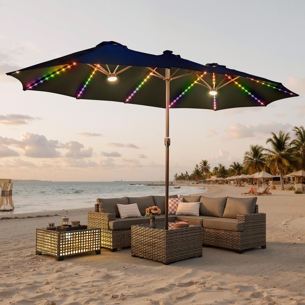HOMLUX 2-Piece 14.5 ft Patio Umbrella and All-weather Square Rattan Coffee Table Outdoor Set in Dark Blue, , large