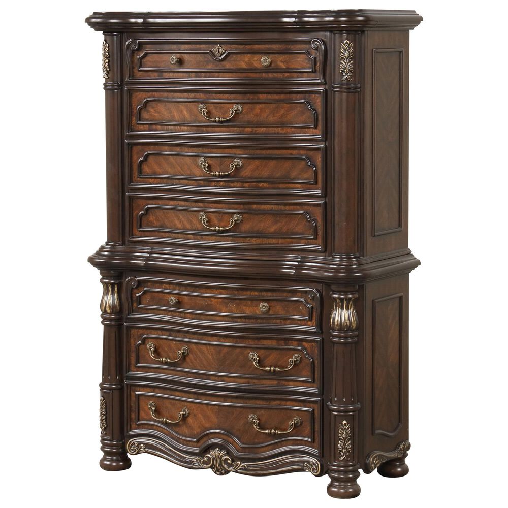 New Heritage Design Bella Note 5-Piece King Sleigh Bedroom Set in Mahogany Brown and Antique Gold, , large