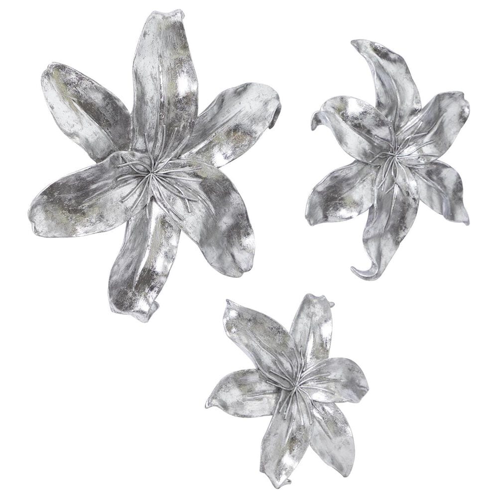 Maple and Jade 18&quot; x 16&quot; Polystone 3D Floral Wall Decor in Silver &#40;Set of 3&#41;, , large