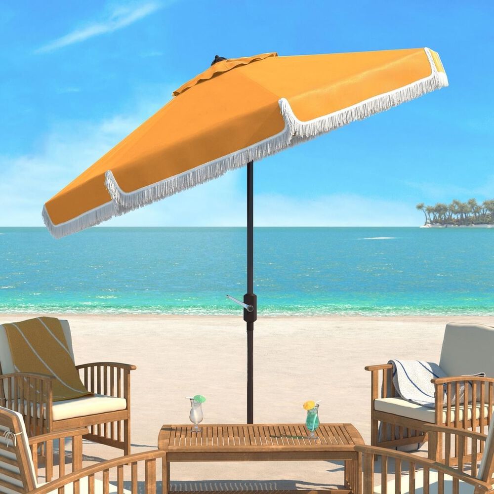 Safavieh Milan Fringe 9Ft Crank Yellow and White Outdoor Push Button Tilt Umbrella, , large