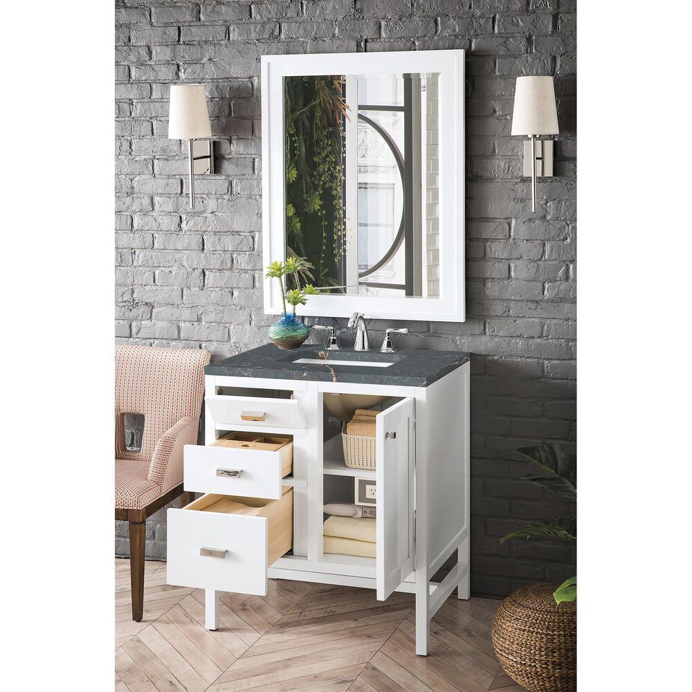 James Martin Vanities Addison 30" Single Bathroom Vanity in Glossy White with 3 cm Parisien Bleu Quartz Top and Rectangular Sink, , large
