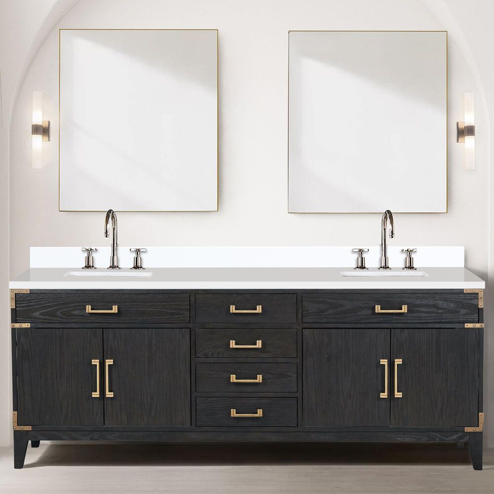 Lexora Home Laurel 84&quot; Double Bathroom Vanity in Black Oak with White Cultured Marble Top and Rectangular Sinks, , large