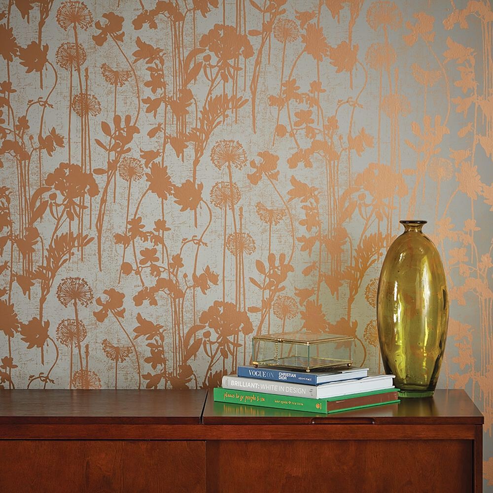 Tempaper Distressed Floral Grey & Metallic Copper Peel and Stick Wallpaper, , large