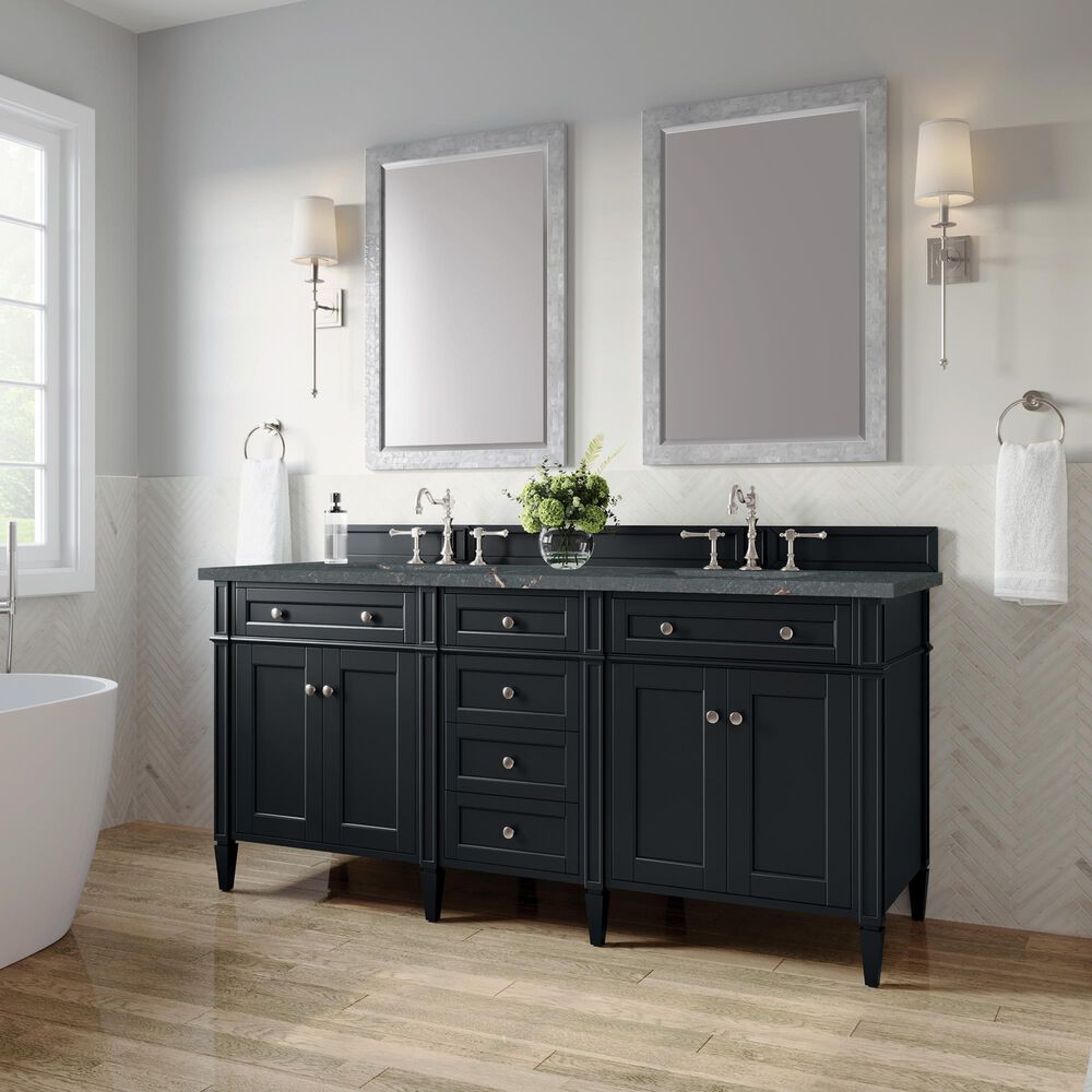 James Martin Vanities Brittany 72" Double Bathroom Vanity in Black Onyx with 3 cm Parisien Bleu Quartz Top and Rectangular Sinks, , large