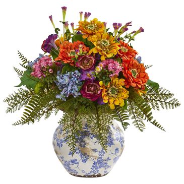 Nearly Natural Inc 15" Mixed Floral Arrangement in Orange, Yellow, Blue, Red and Pink, , large