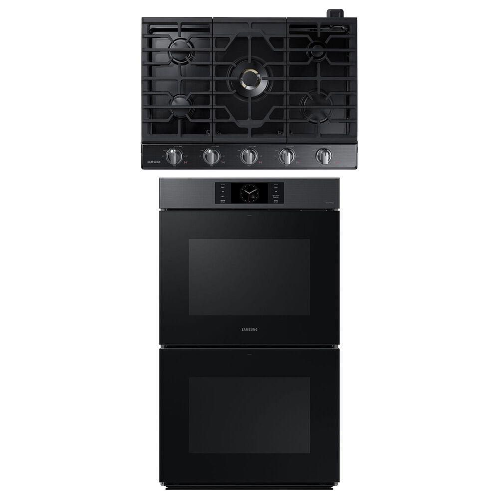 Samsung 2-Piece Kitchen Package with 30" Matte Black Steel Double Wall Oven and 30" Black Stainless Steel Smart Gas Cooktop, , large