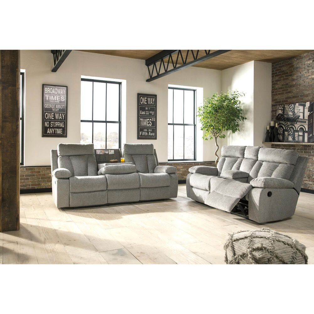 Ashley Mitchiner Manual Recliner Sofa with Drop Down Table in Fog, , large