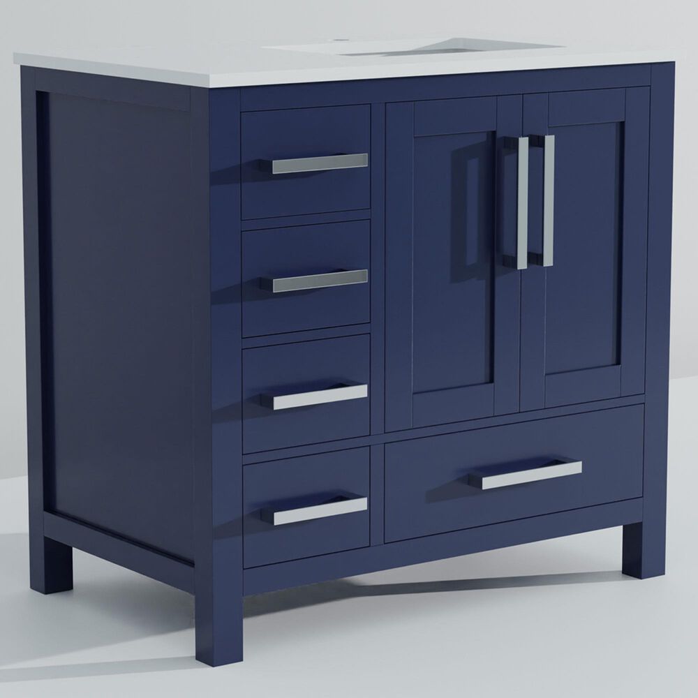 Lexora Home Jacques 36&quot; Right Offset Single Bathroom Vanity in Navy Blue with 2 cm White Cultured Marble Top and Rectangular Sink, , large