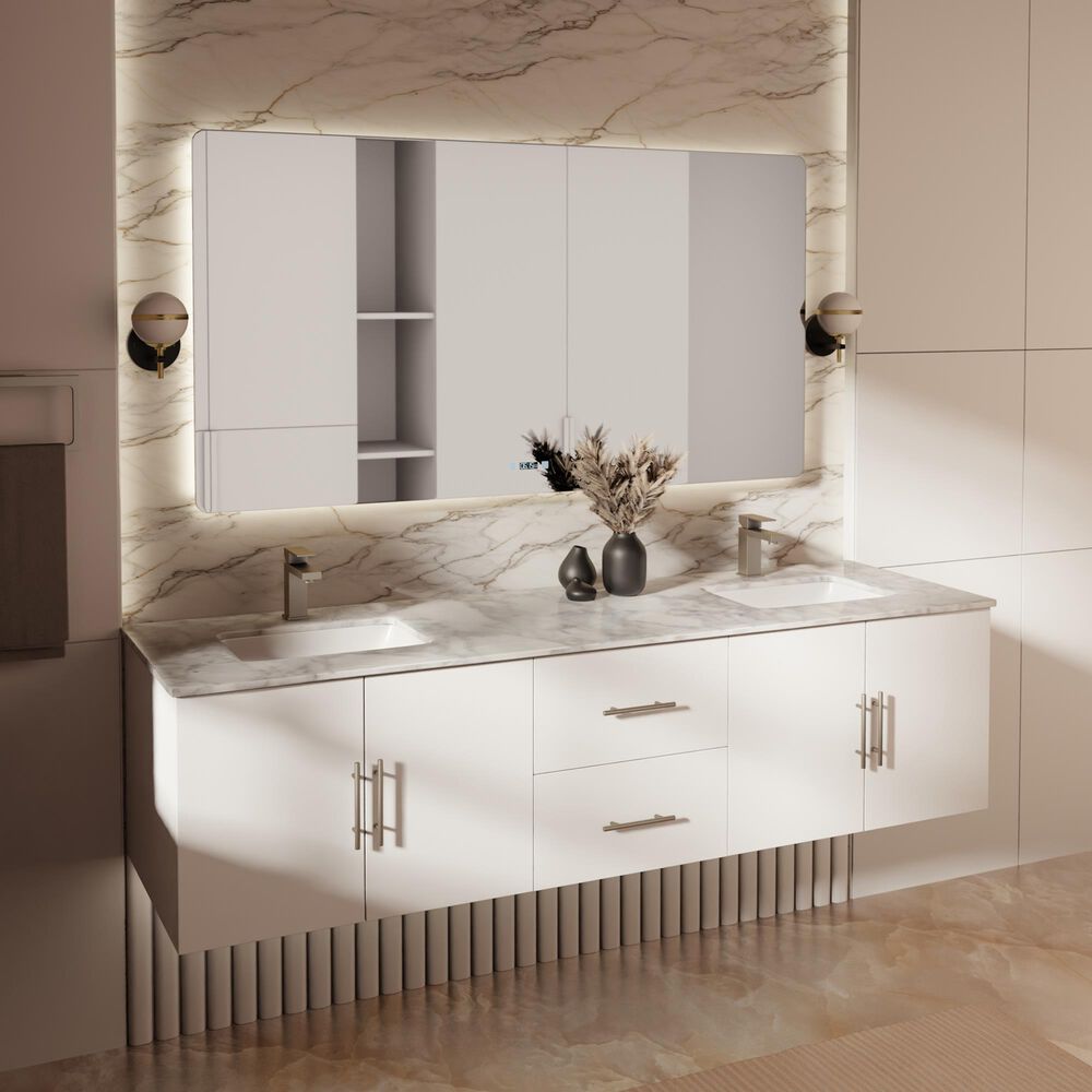 Lexora Home Geneva 72&quot; Double Bathroom Vanity in Glossy White with 2 cm White Carrara Marble Top and Rectangular Sinks, , large