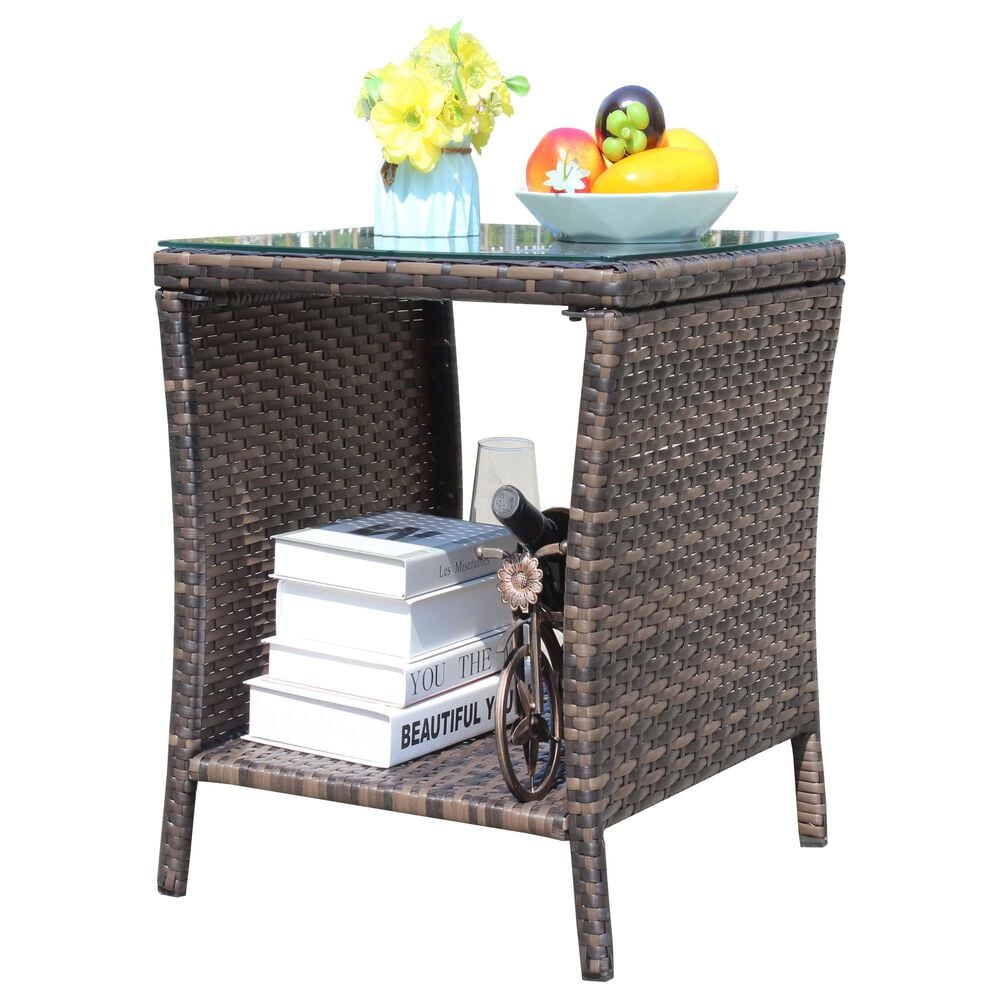 Hearth and Haven Wicker Patio Coffee Table with Clear Tempered Glass Top in Brown, , large