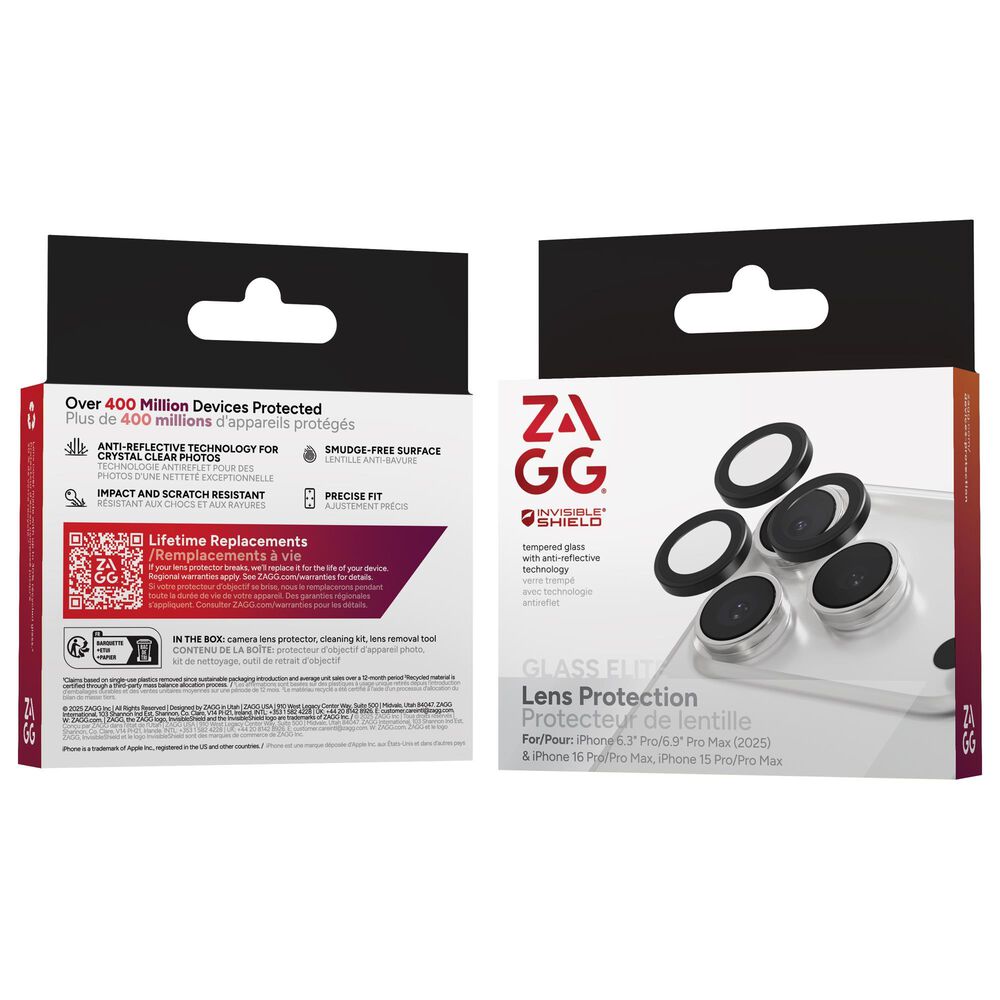 Zagg InvisibleShield Glass Elite Camera Lens Protector for Apple iPhone 15 Pro/16 Pro Max/16 Pro/17 Pro/17 Pro Max in Black, , large