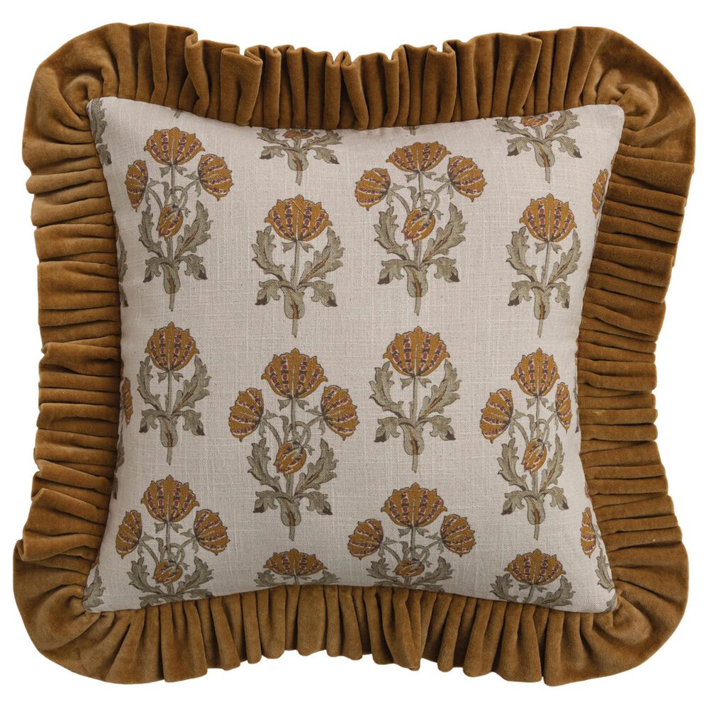Creative Coop Cozy 18" Square Floral Throw Pillow with Mustard Velvet Ruffle in Multicolor, , large