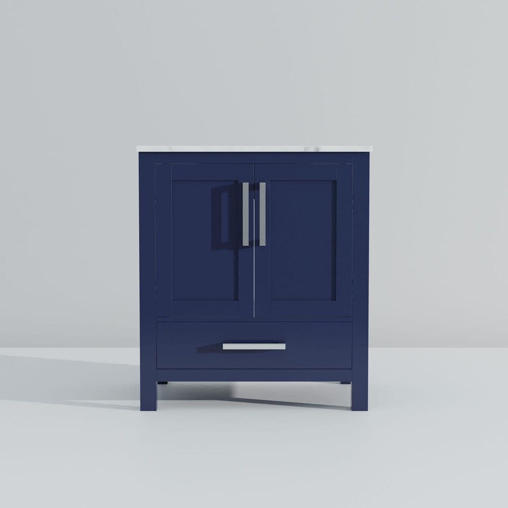 Lexora Home Jacques 30&quot; Single Bathroom Vanity in Navy Blue with 2 cm White Carrara Marble Top and Rectangular Sink, , large