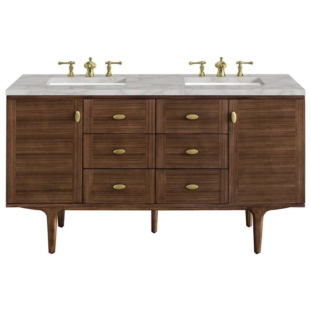 James Martin Vanities Amberly 60" Double Bathroom Vanity in Mid-Century Walnut with 3 cm Eternal Jasmine Pearl Silestone Top, Rectangular Sinks and FreePower Wireless Charger, , large