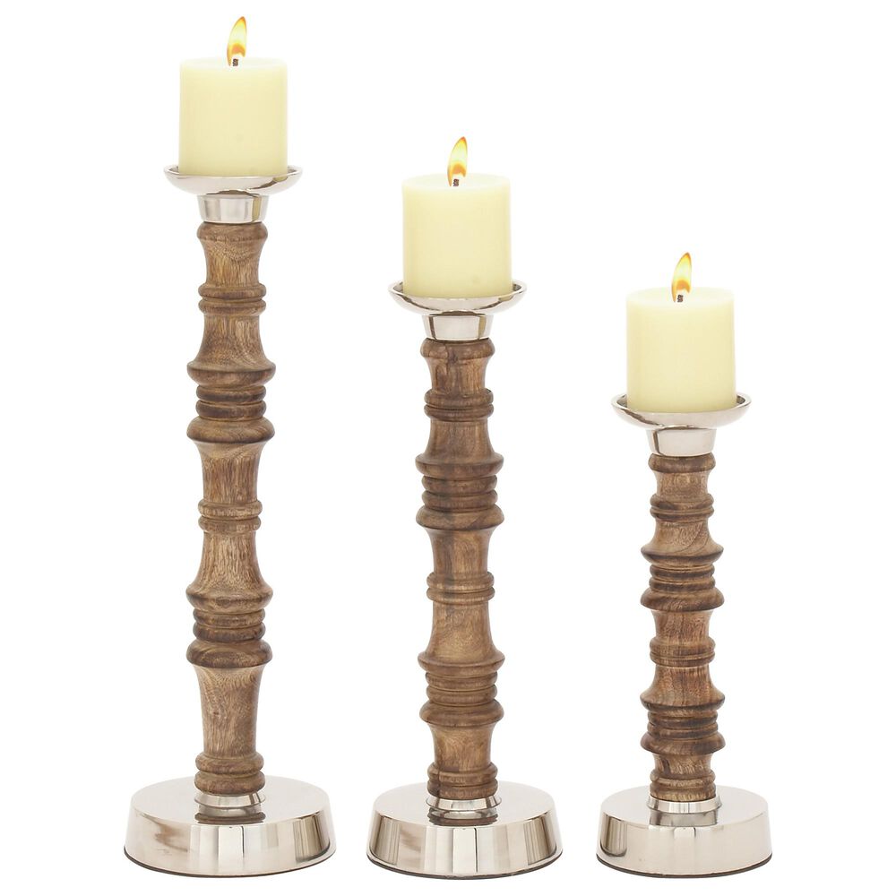 Maple and Jade Traditional Mango Wood Candle Holder Set of 3 in Brown, , large