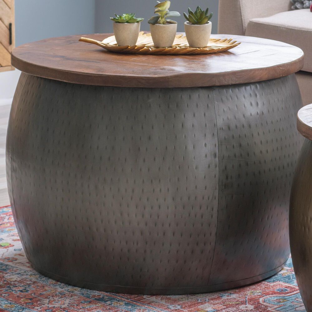 Linon Home Decor Royce 27" Drum Coffee Table with Storage in Brass, , large