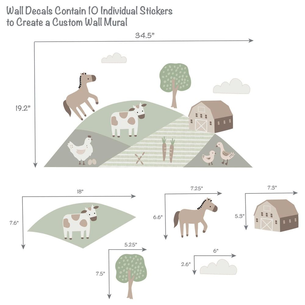 Lambs &amp; Ivy Farmyard Friends 3-Sheet Wall Decal in Brown, White and Green, , large