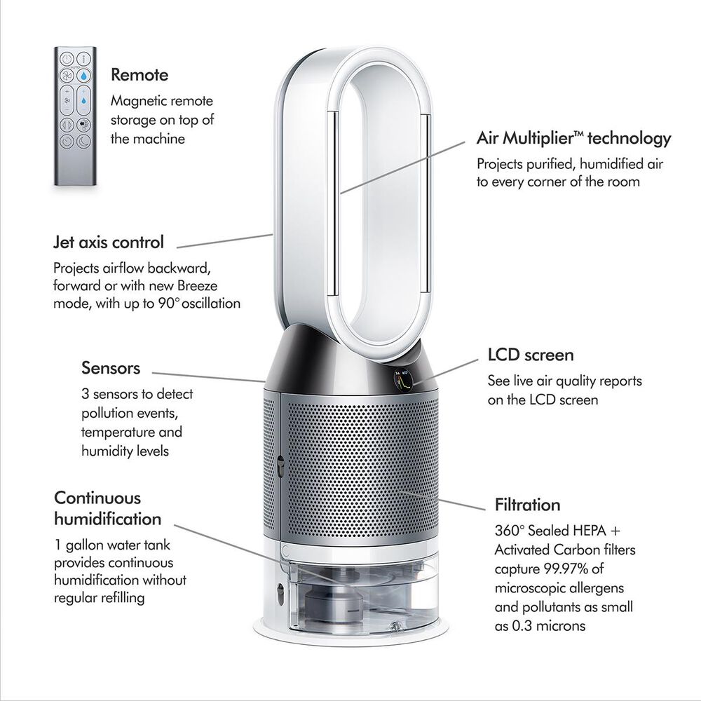 Dyson Pure Ph01 Humidify And Cool 400 Sq Ft Smart Tower Air Purifier In White And Silver Nebraska Furniture Mart