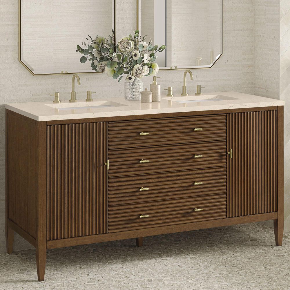 James Martin Vanities Myrrin 60&quot; Double Vanity in Mid-Century Walnut with 3 cm Eternal Marfil Quartz Top, , large