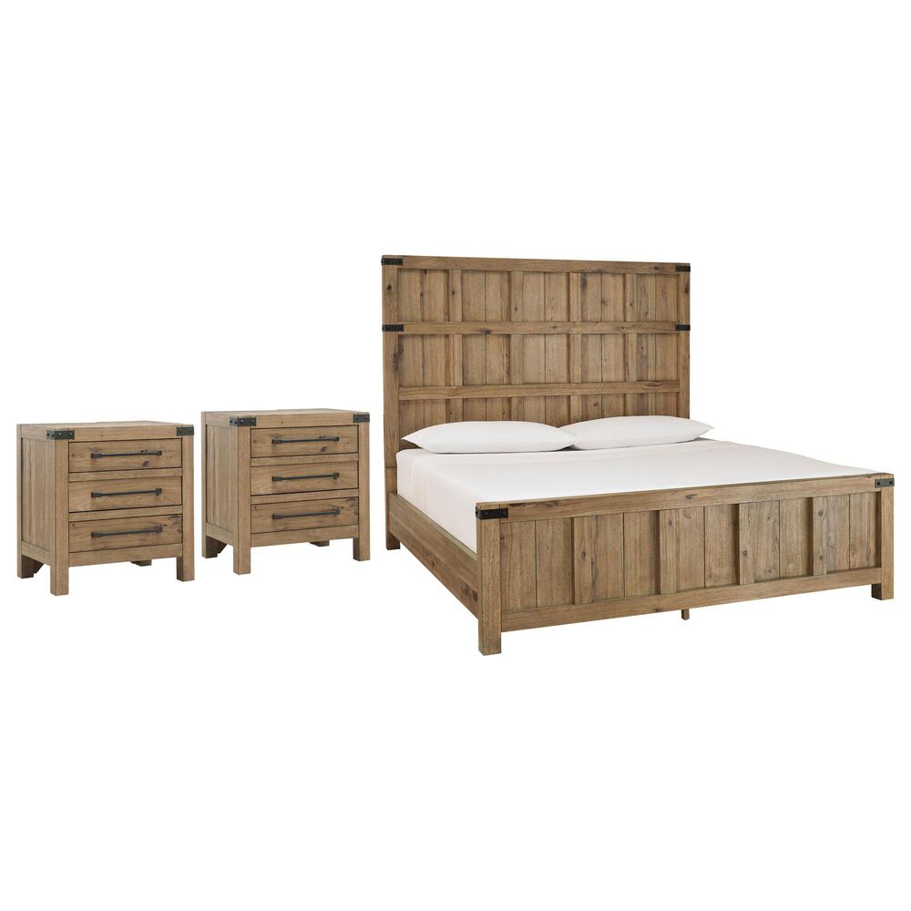 Millenium Ridgester King Panel Bed with Two Nightstands in Light Brown with USB Ports, , large