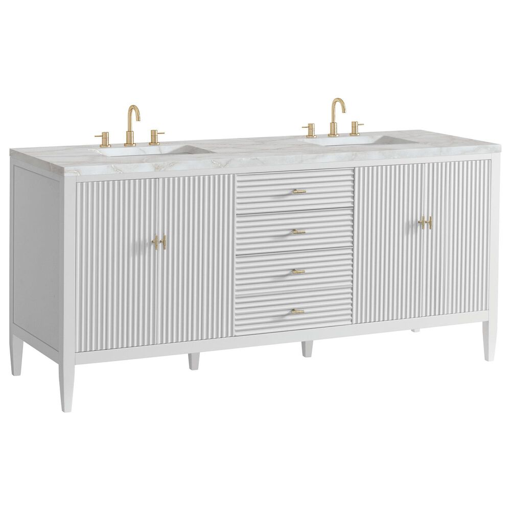 James Martin Vanities Myrrin 72" Double Bathroom Vanity in Bright White with 3 cm Eternal Jasmine Pearl Silestone Top, Rectangular Sinks and FreePower Wireless Charger, , large
