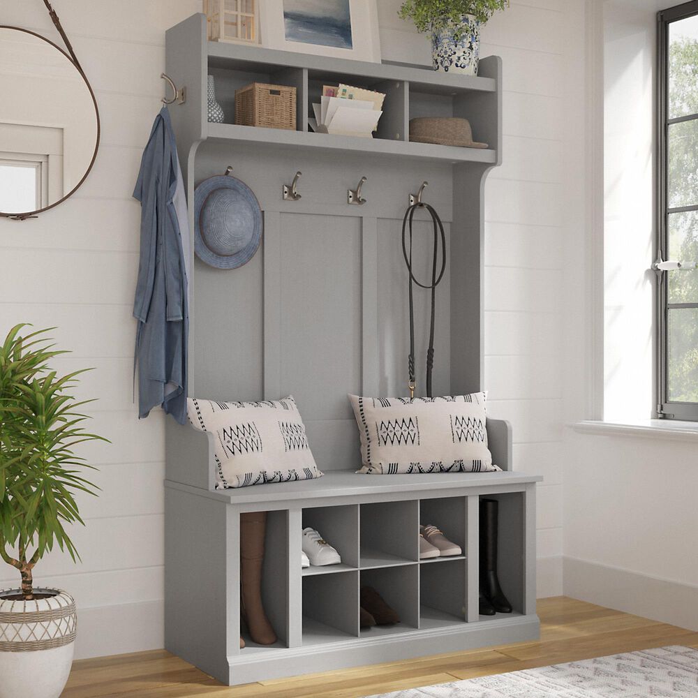 Bush Woodland Tall Hall Tree with Storage Bench in Cape Cod Gray NFM