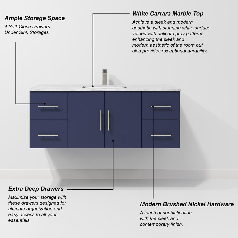 Lexora Home Geneva 48&quot; Single Bathroom Vanity in Navy Blue with 2 cm White Carrara Marble Top and Rectangular Sink, , large