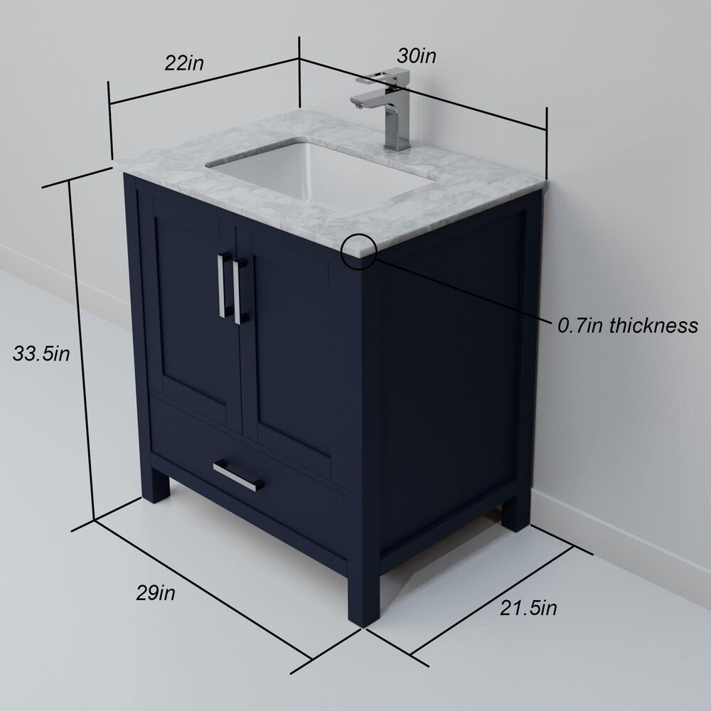Lexora Home Jacques 30&quot; Single Bathroom Vanity in Navy Blue with 2 cm White Carrara Marble Top and Rectangular Sink, , large