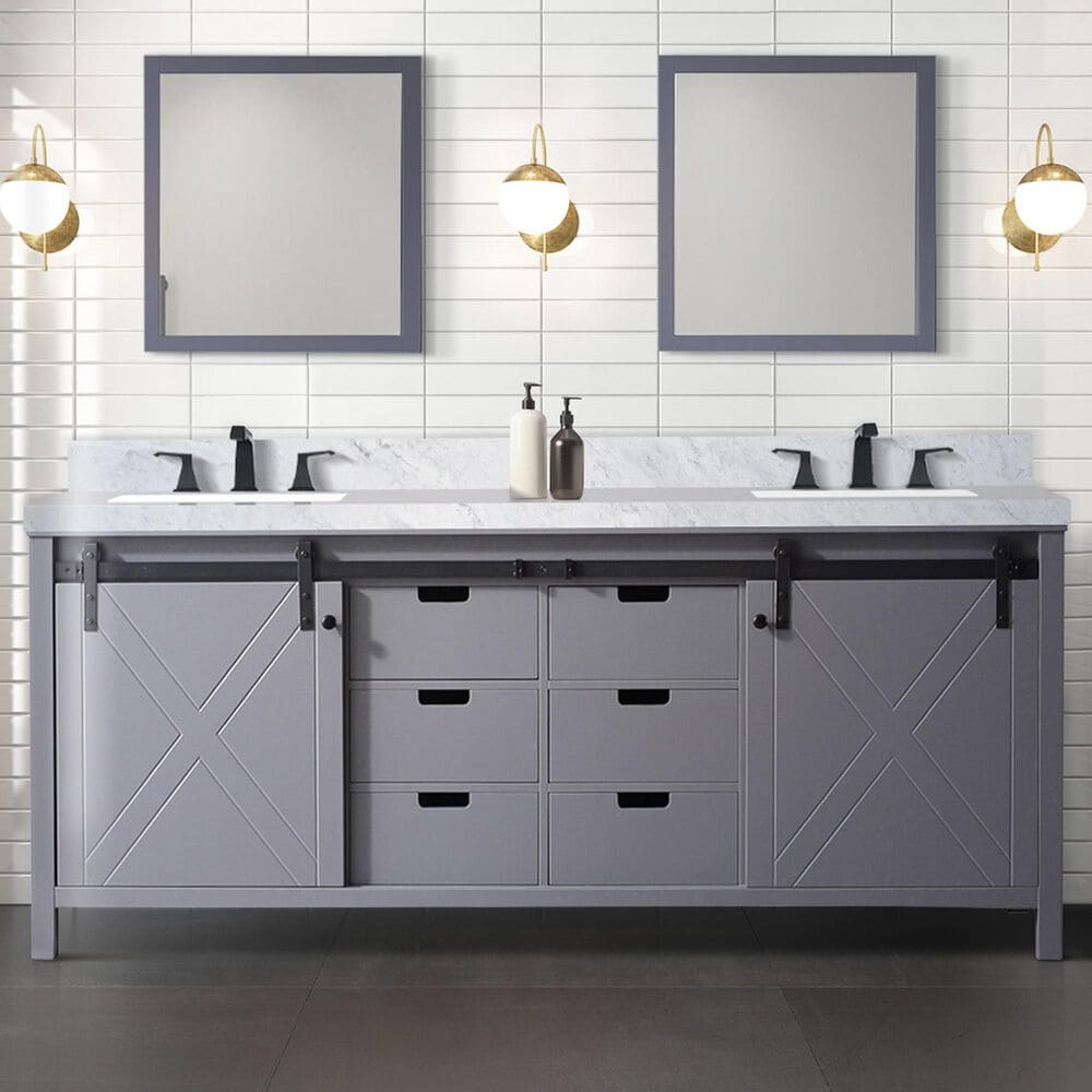 Lexora Home Marsyas 80&quot; Double Bathroom Vanity in Dark Grey with White Carrara Marble Top and Rectangular Sinks, , large