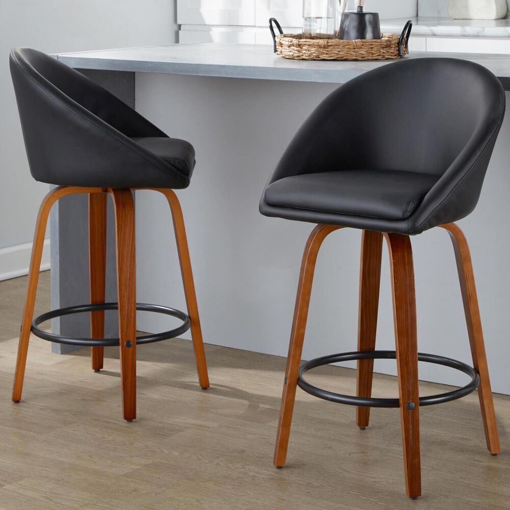 LumiSource Matisse 26" Swivel Counter Stool with Black Faux Leather Upholstery in Walnut and Black (Set of 2), , large