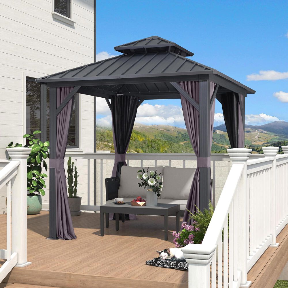 HOMLUX 8' x 8' Outdoor Hardtop Gazebo with Galvanised Steel Roof, Netting, and Curtains in Grey, , large
