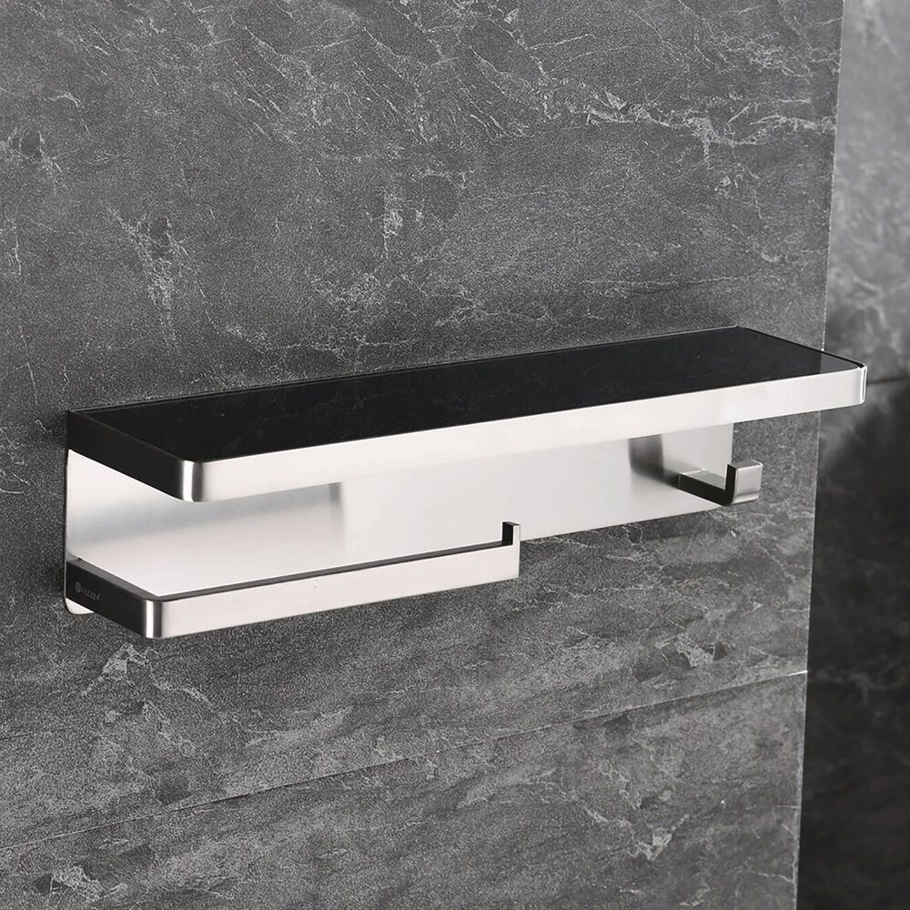 Lexora Home Bagno Bianca Towel Bar and Robe Hook with Glass Shelf in Brushed Nickel and Black, , large