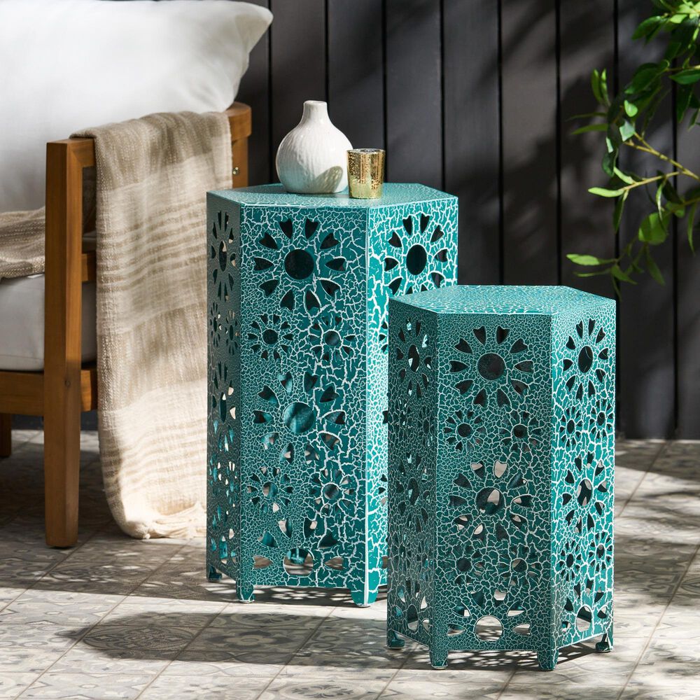 Hearth and Haven Eliana 2-Piece Outdoor Hexagon Metal Side Table Set with Sunburst Cut Out Design in Teal, , large