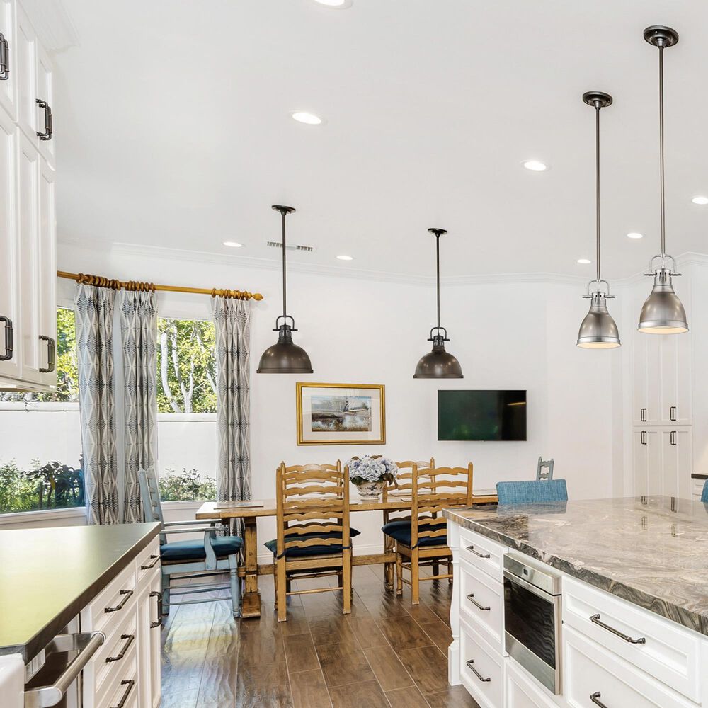 Golden Lighting Duncan 1-Light Pendant with Rod and Rubbed Bronze Shade in Matte Black, , large