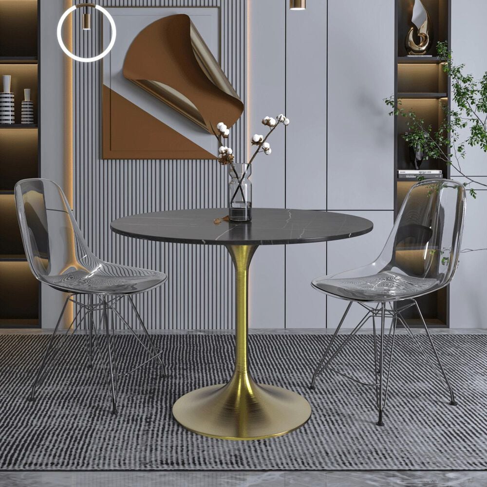 Leisuremod LeisureMod Verve Collection 36 Round Dining Table, Brushed Gold Base with Sintered Stone Black Top, , large