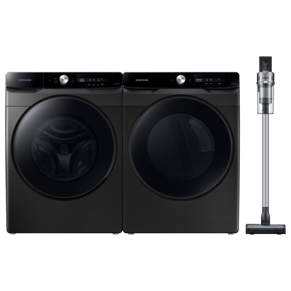 Samsung 3-Piece 4.5 Cu. Ft. Front Load Washer and 7.5 Cu. Ft. Electric Dryer Laundry Pair in Brushed Black with Jet 75+ Cordless Stick Vacuum, , large