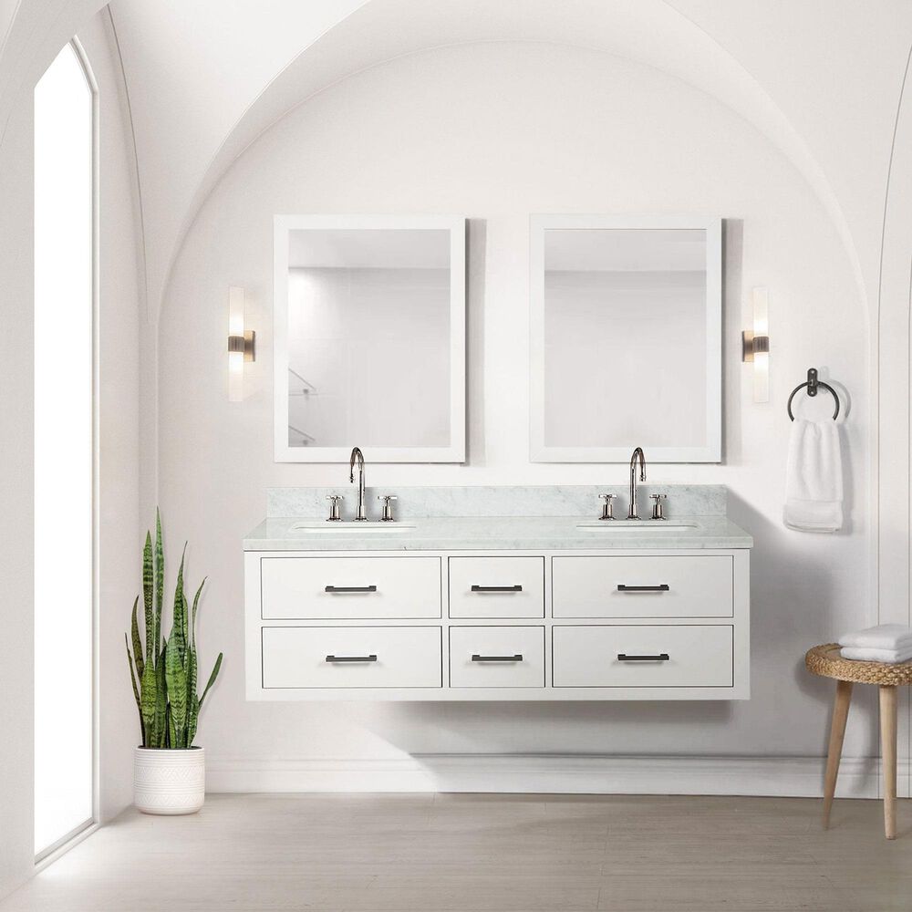 Lexora Home Castor 60" Double Bathroom Vanity in White with 2 cm White Carrara Marble Top and Rectangular Sinks, , large