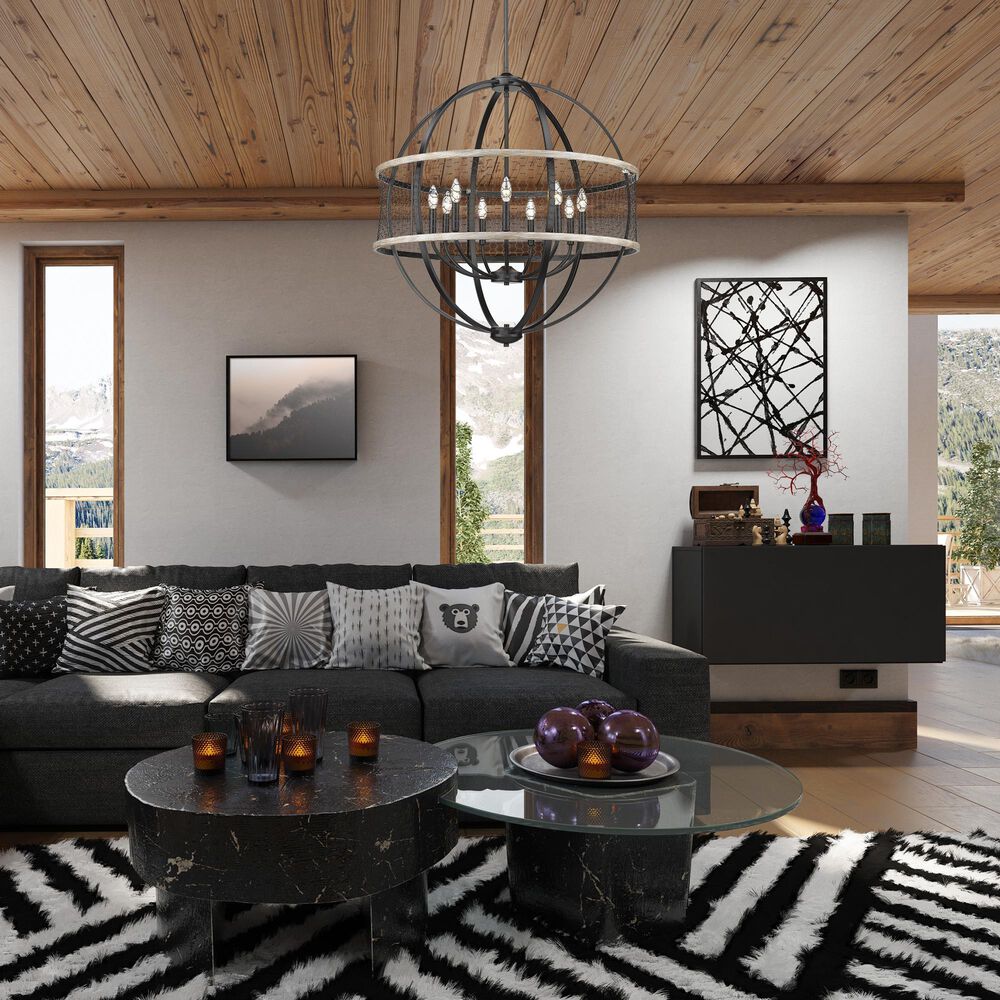 Golden Lighting Roost 9-Light Chandelier with Chicken Wire Shade in Matte Black, , large